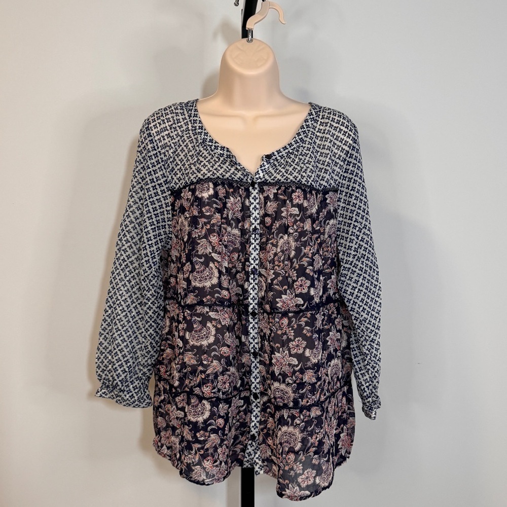 Lucky Brand Navy and Pink Paisley Blouse - Size Large
